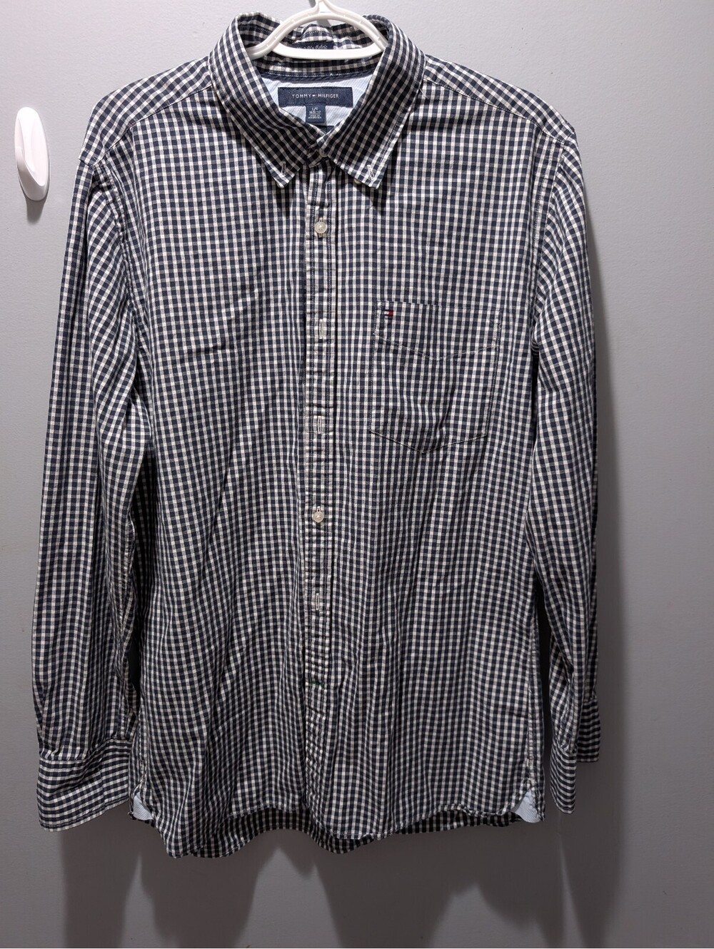 Tommy Hilfiger Men's Custom Fit Navy and White Check Button-Down Shirt Large